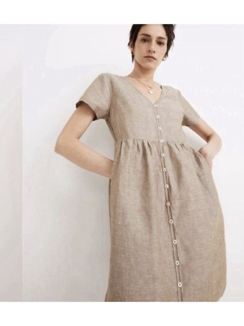 Madewell Linen Blend Alexandra Button-Front Mini Dress Size Large Olive Branch